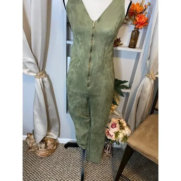 bebe GUC size Large Front Zip Velvet Like Feel Olive Green Jumpsuit - Picture 3 of 12